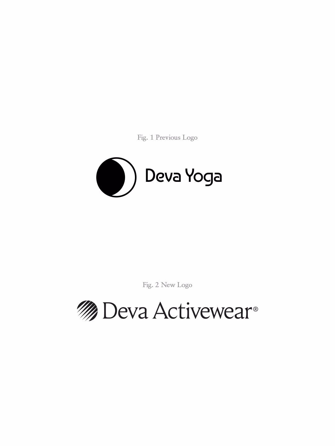 The previous Deva Yoga logo, a crescent moon with rounded sans-serif type, above the new Deva Activewear logo with a striped circular symbol and serif wordmark.